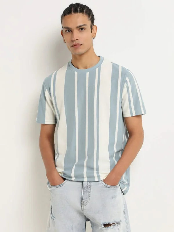 Nuon Blue Striped Cotton Blend Slim Fit T-Shirt