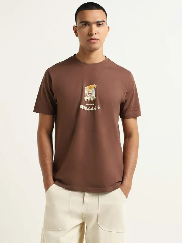 Nuon Brown Printed Cotton Slim Fit T-Shirt