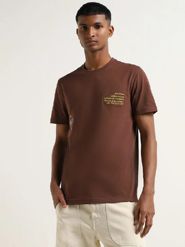 Nuon Brown Text Print Slim Fit T-Shirt