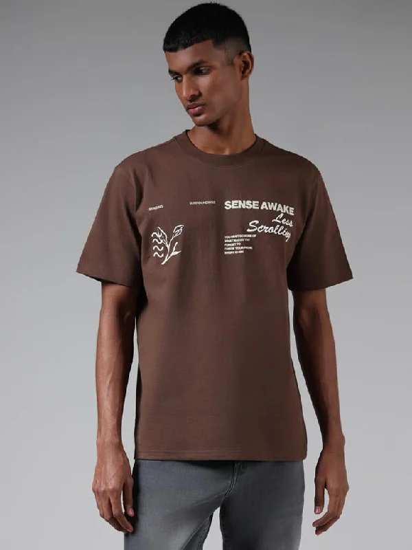 Nuon Brown Typographic Printed Cotton Relaxed-Fit T-Shirt