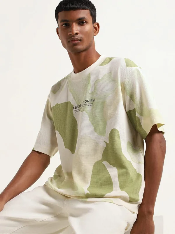 Nuon Green Abstract Print Cotton Blend Relaxed Fit T-Shirt