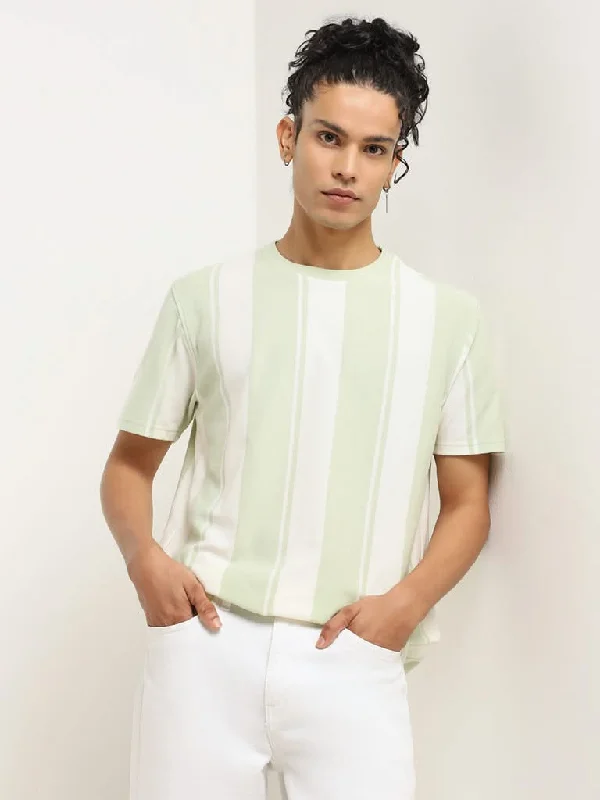 Nuon Green Striped Cotton Blend Slim Fit T-Shirt