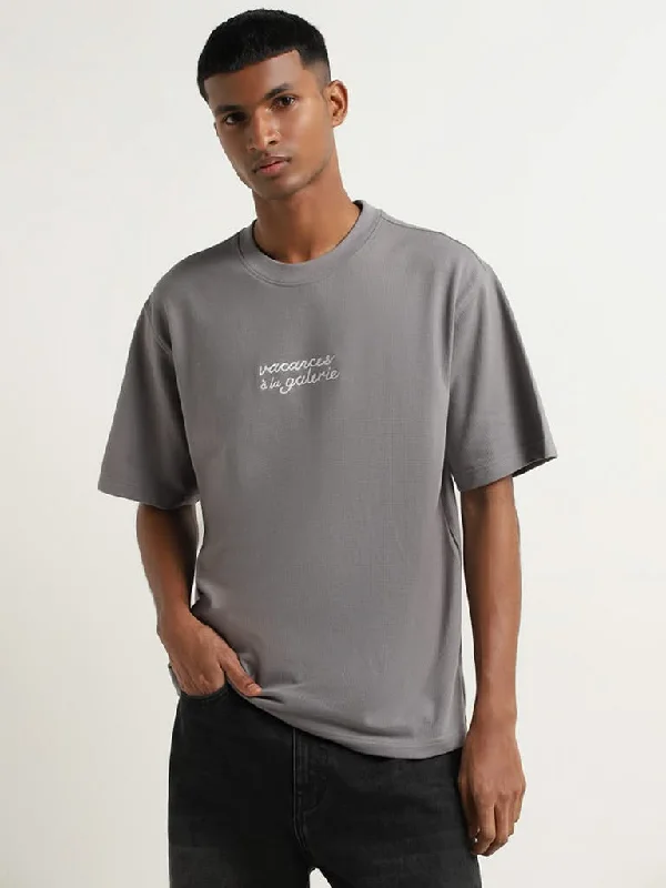 Nuon Grey Text Print Cotton Blend Relaxed Fit T-Shirt