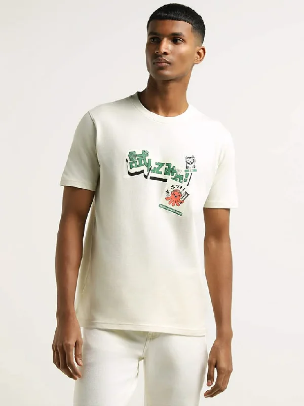 Nuon Ivory Graphic Printed Cotton Slim Fit T-Shirt