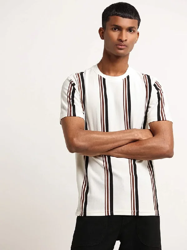 Nuon Off-White Cotton Blend Slim Fit Striped T-Shirt