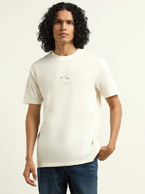 Nuon Off-White Embroidered Cotton Relaxed Fit T-Shirt