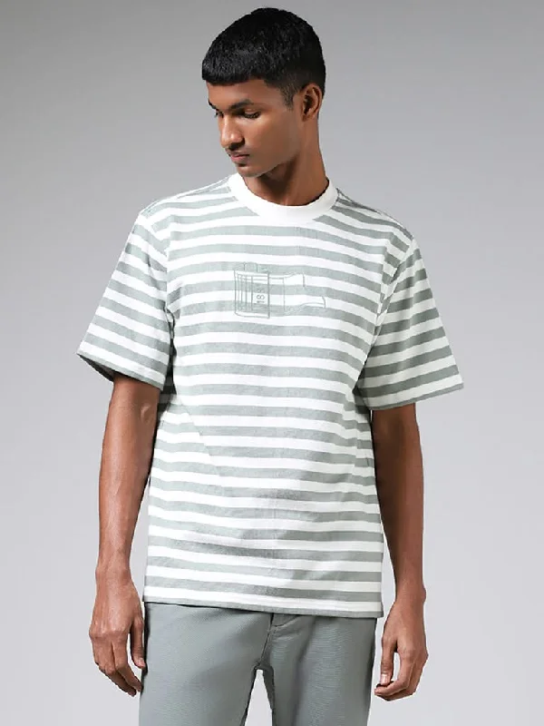 Nuon Sage Green & White Striped Cotton Relaxed Fit T-Shirt