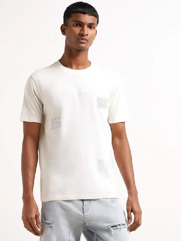 Nuon White Printed Cotton Relaxed-Fit T-Shirt