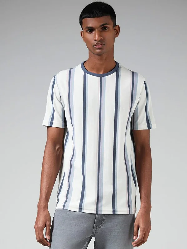 Nuon White Striped Cotton Slim-Fit T-Shirt