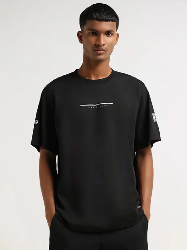 Studiofit Black Printed Cotton Relaxed Fit T-Shirt