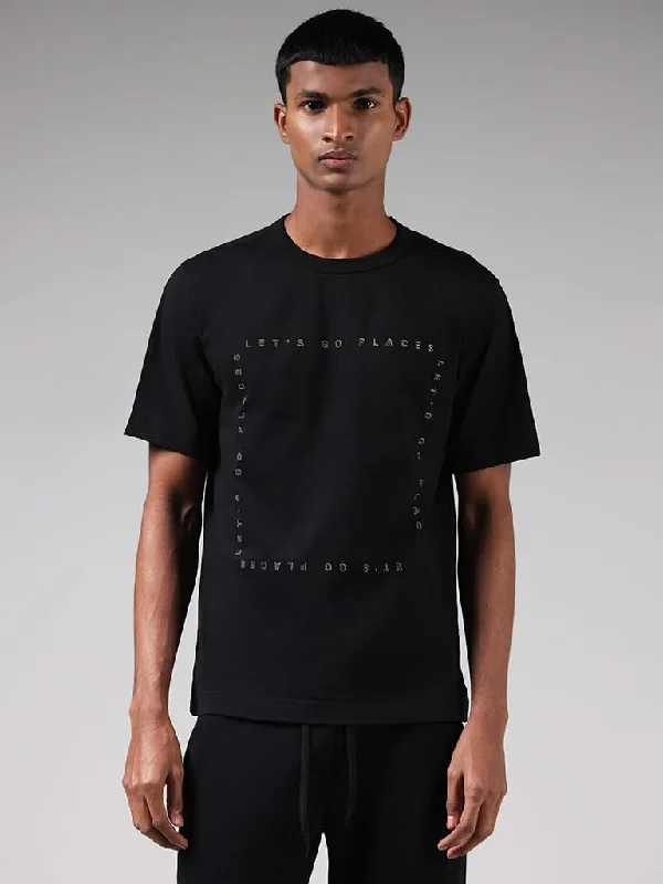 Studiofit Black Typographic Printed Cotton Relaxed-Fit T-Shirt