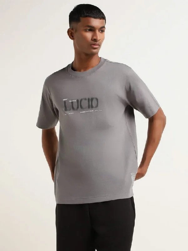 Studiofit Grey Contrast-Printed Cotton Relaxed-Fit T-Shirt