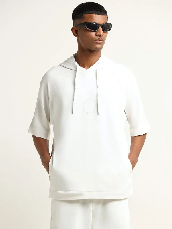 Studiofit Off-White Printed Hoodie Cotton Relaxed Fit T-Shirt