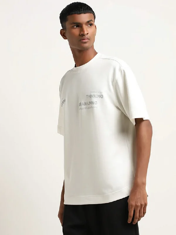 Studiofit Off-White Text Embossed Relaxed Fit T-Shirt