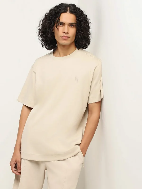 Studiofit Plain Beige Cotton Blend Relaxed Fit T-Shirt