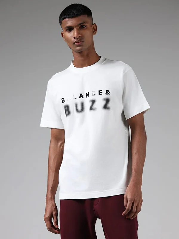 Studiofit Typography Printed White Cotton Relaxed-Fit T-Shirt