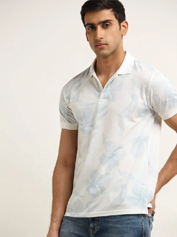 WES Casuals Light Blue Floral Printed Slim Fit T-Shirt