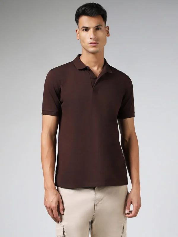 WES Casuals Solid Brown Cotton Blend Slim-Fit Polo T-Shirt