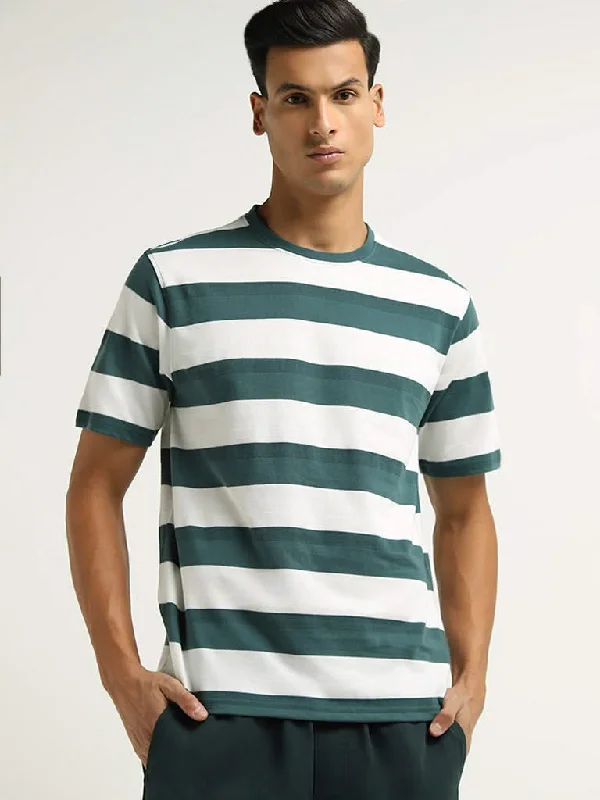 WES Lounge Green Striped Cotton Blend Relaxed Fit T-Shirt