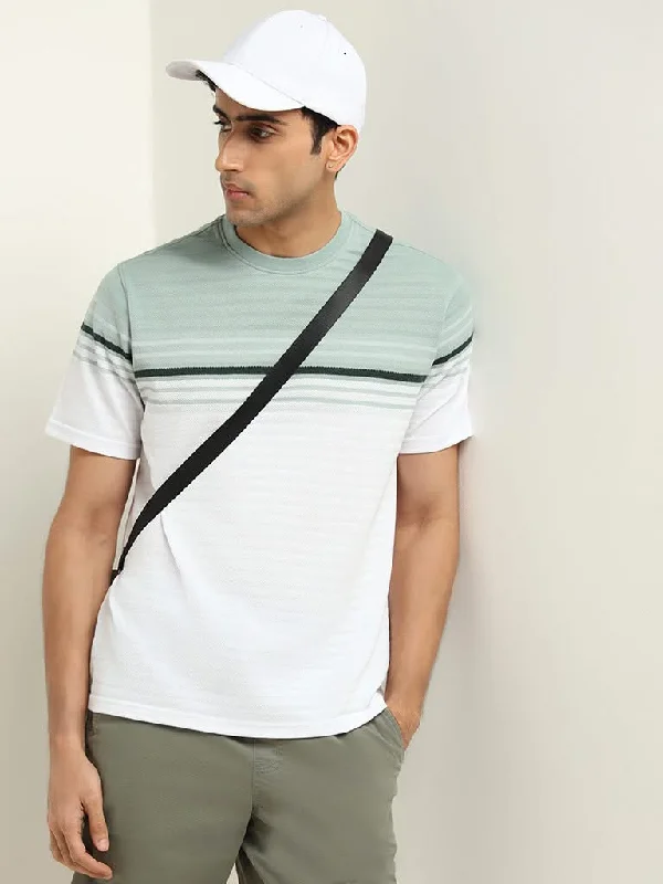 WES Lounge Sage Striped Cotton Blend Relaxed Fit T-Shirt