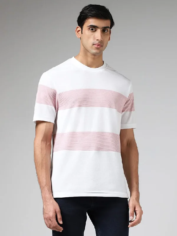 WES Lounge White & Pink Striped Cotton Blend Relaxed-Fit T-Shirt