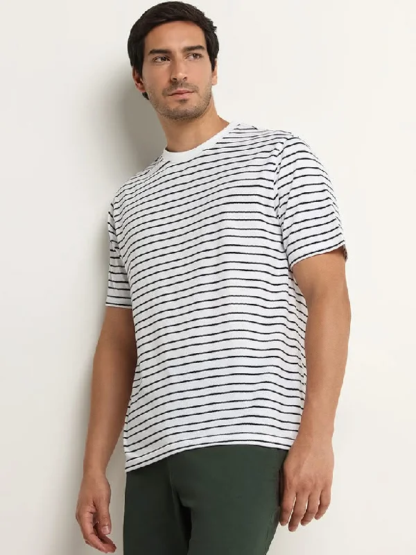 WES Lounge White Striped Cotton Blend Relaxed Fit T-Shirt