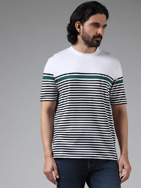 WES Lounge White Striped Cotton Relaxed-Fit T-Shirt